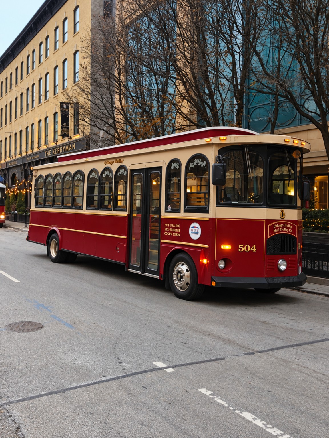 Red and cream Second City Trolley number 504 on a Chicago street